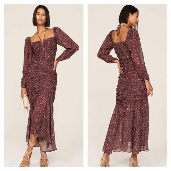 ASTR The Label Ruched Midi Dress Athena Brown Floral Long Sleeve Cocktail Sz M - Picture 1 of 11